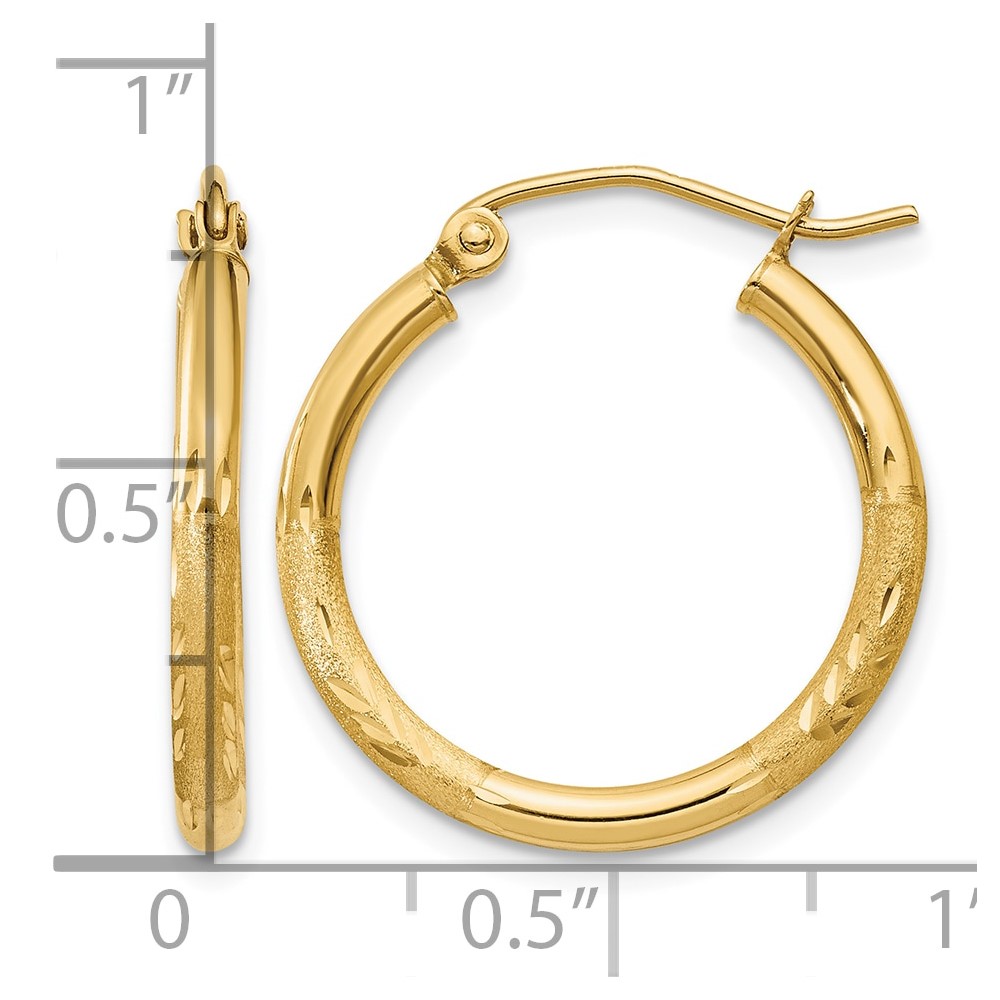 10k Satin and Diamond-cut 2mm Round Tube Hoop Earrings (10TC210)