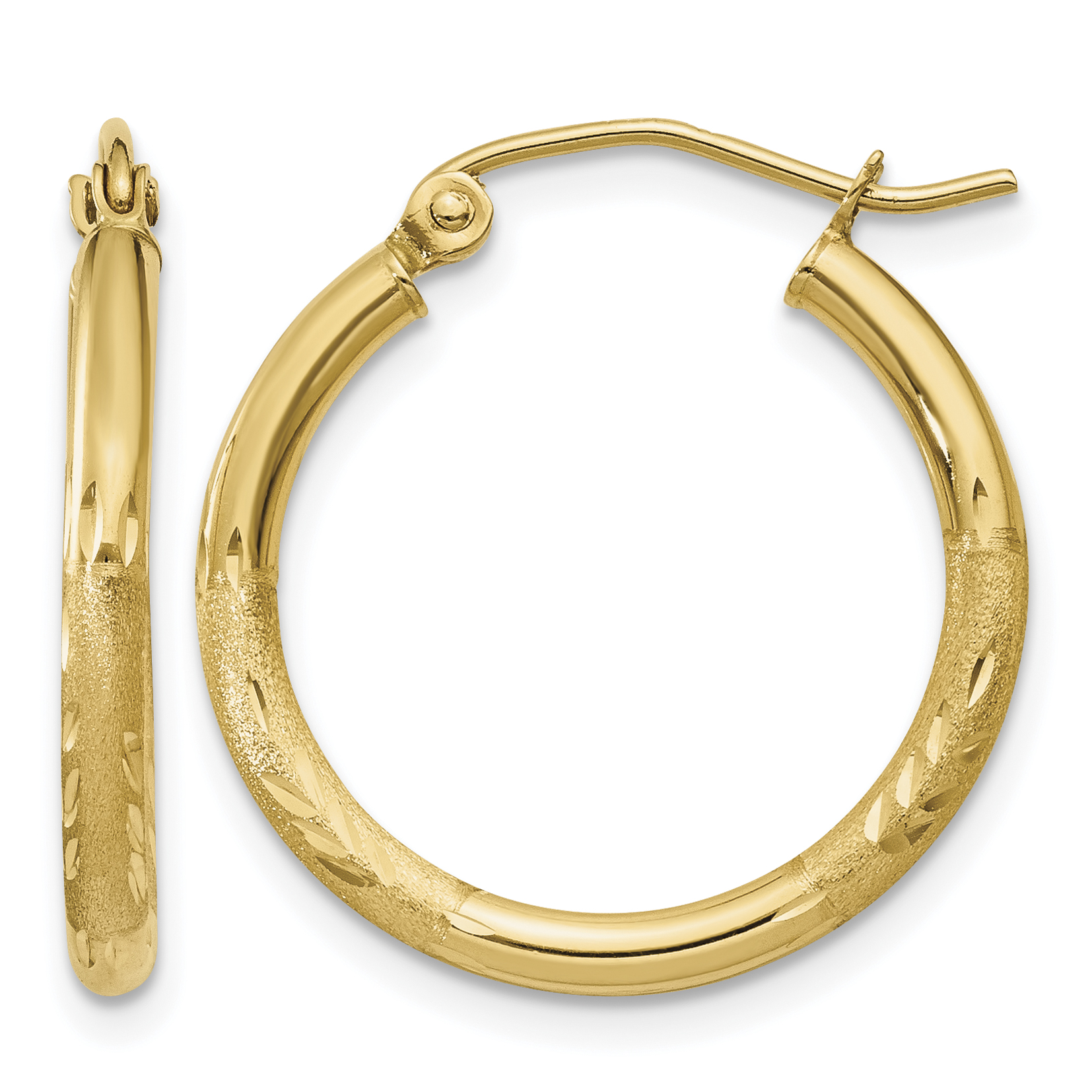 10k Satin and Diamond-cut 2mm Round Tube Hoop Earrings (10TC210)