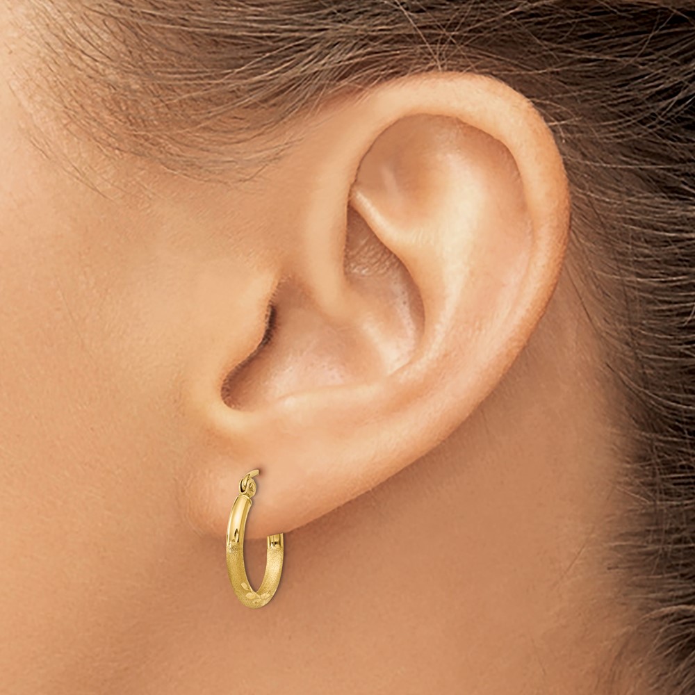 10k Satin and Diamond-cut 2mm Round Tube Hoop Earrings (10TC211)