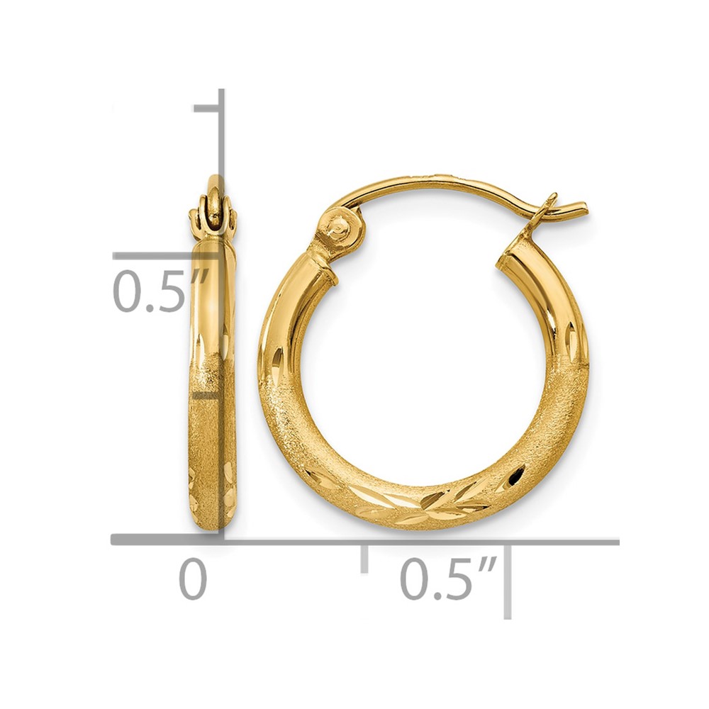 10k Satin and Diamond-cut 2mm Round Tube Hoop Earrings (10TC211)