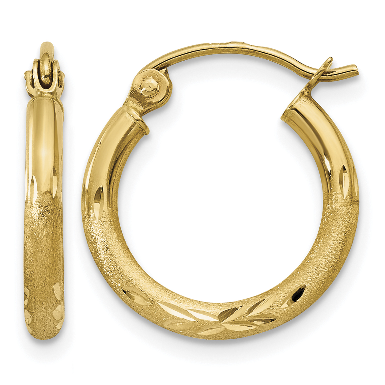 10k Satin and Diamond-cut 2mm Round Tube Hoop Earrings (10TC211)