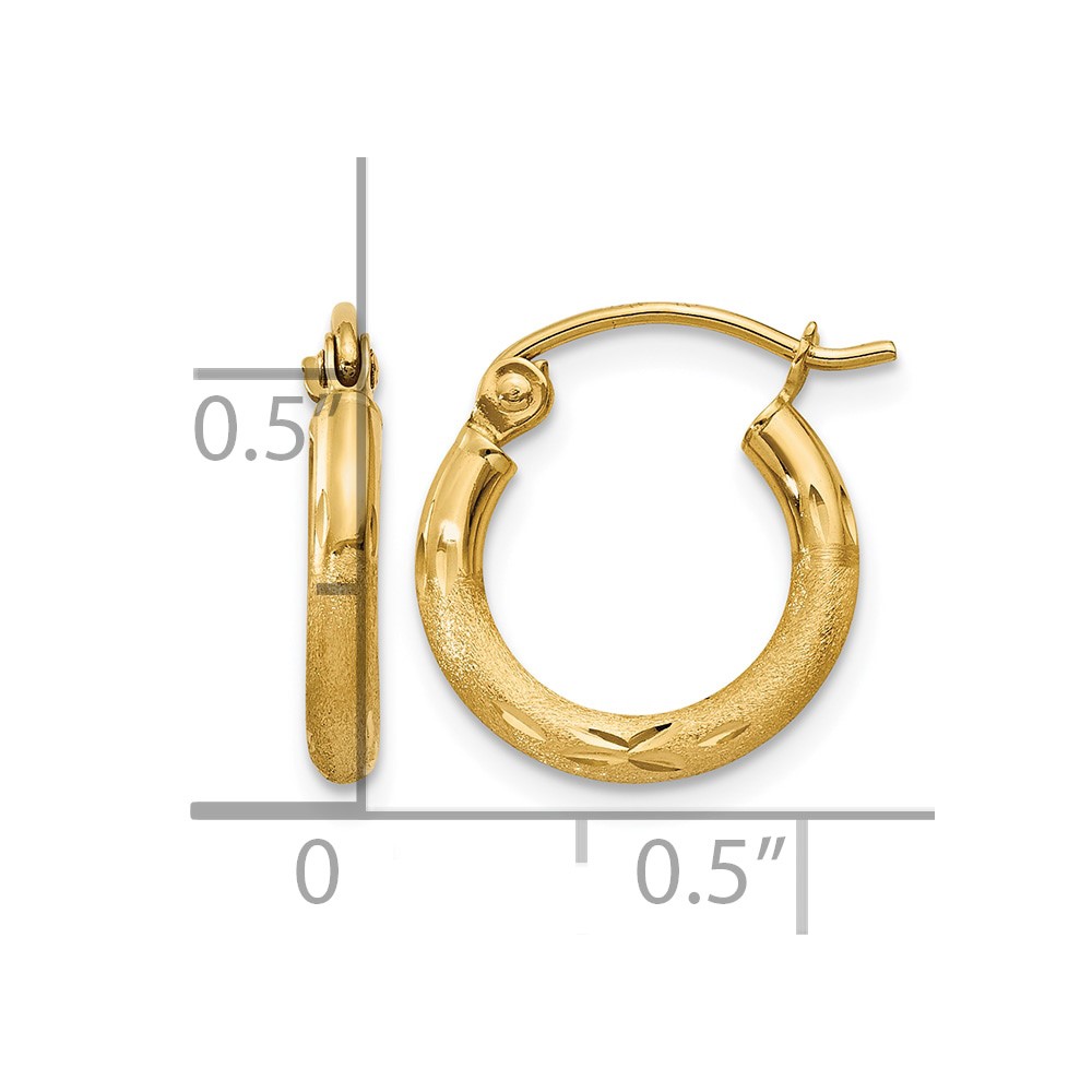 10k Satin and Diamond-cut 2mm Round Tube Hoop Earrings (10TC212)