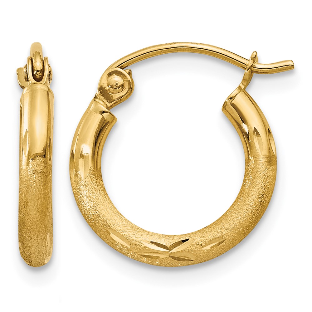10k Satin and Diamond-cut 2mm Round Tube Hoop Earrings (10TC212)