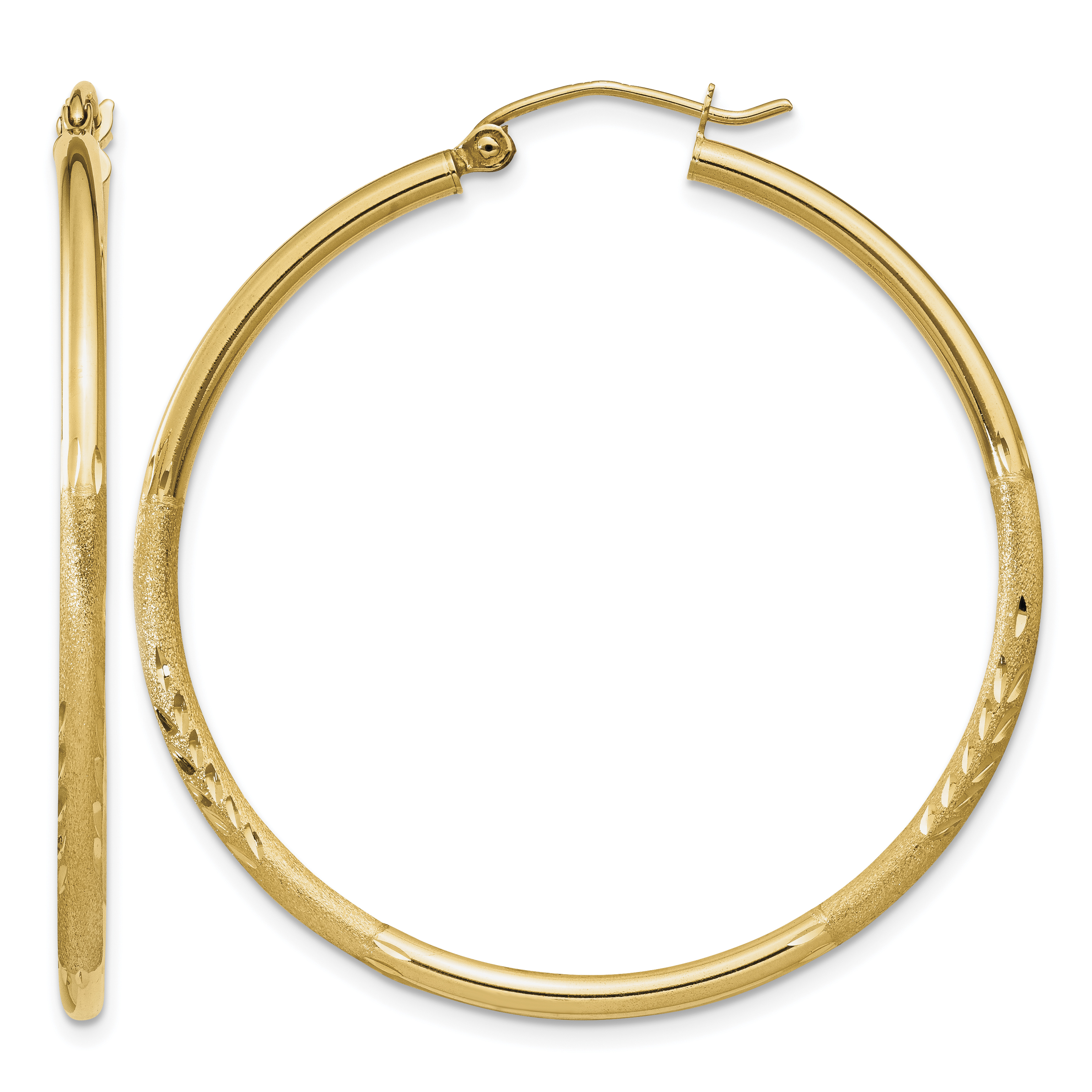 10k Satin and Diamond-cut 2mm Round Tube Hoop Earrings (10TC213)