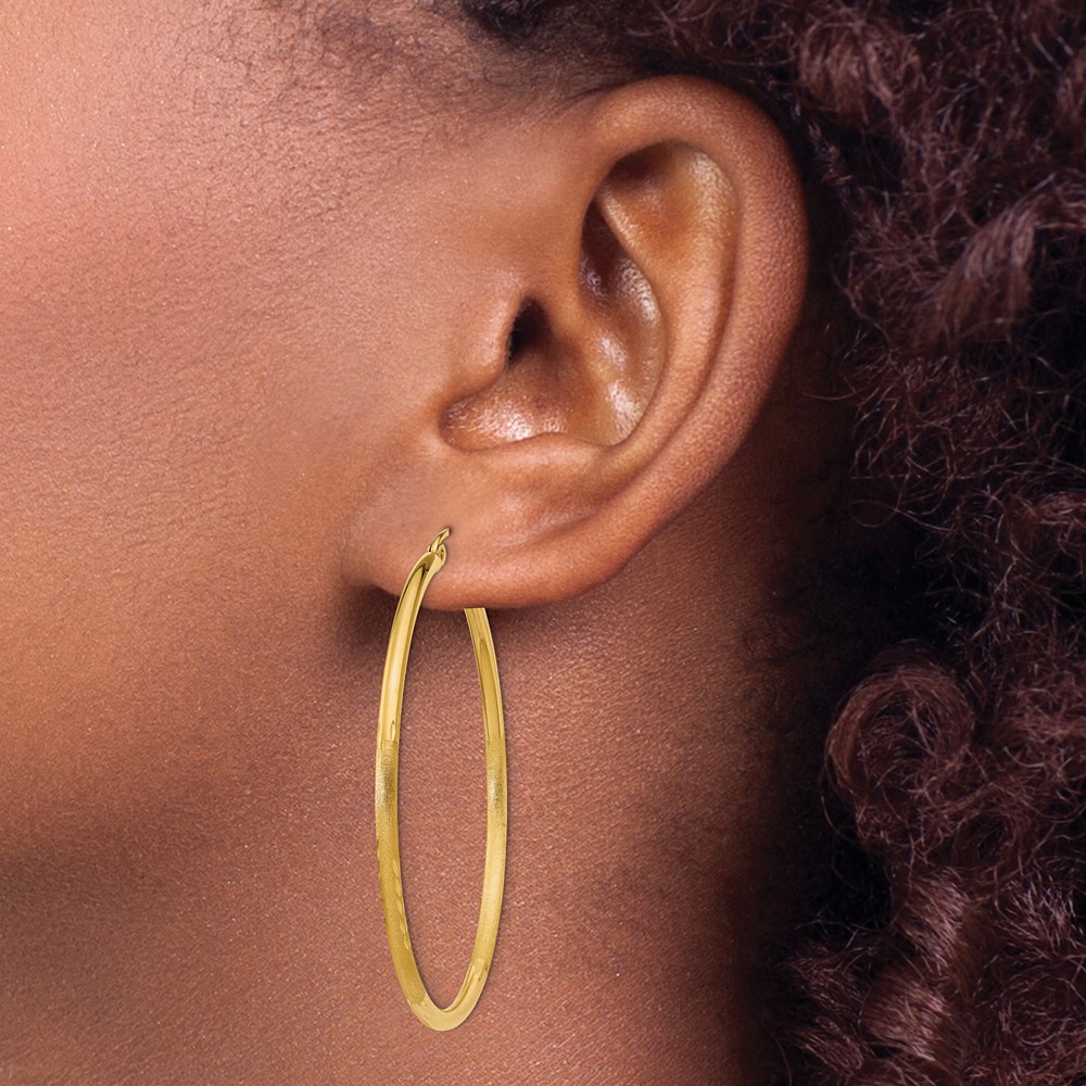 10k Satin and Diamond-cut 2mm Round Tube Hoop Earrings (10TC214)