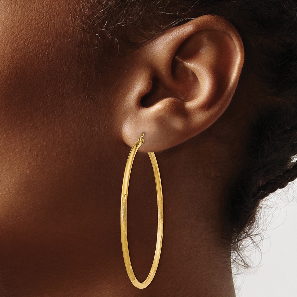 10k Satin and Diamond-cut 2mm Round Tube Hoop Earrings (10TC215)