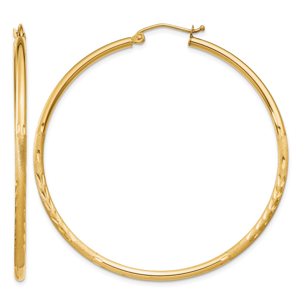 10k Satin and Diamond-cut 2mm Round Tube Hoop Earrings (10TC215)