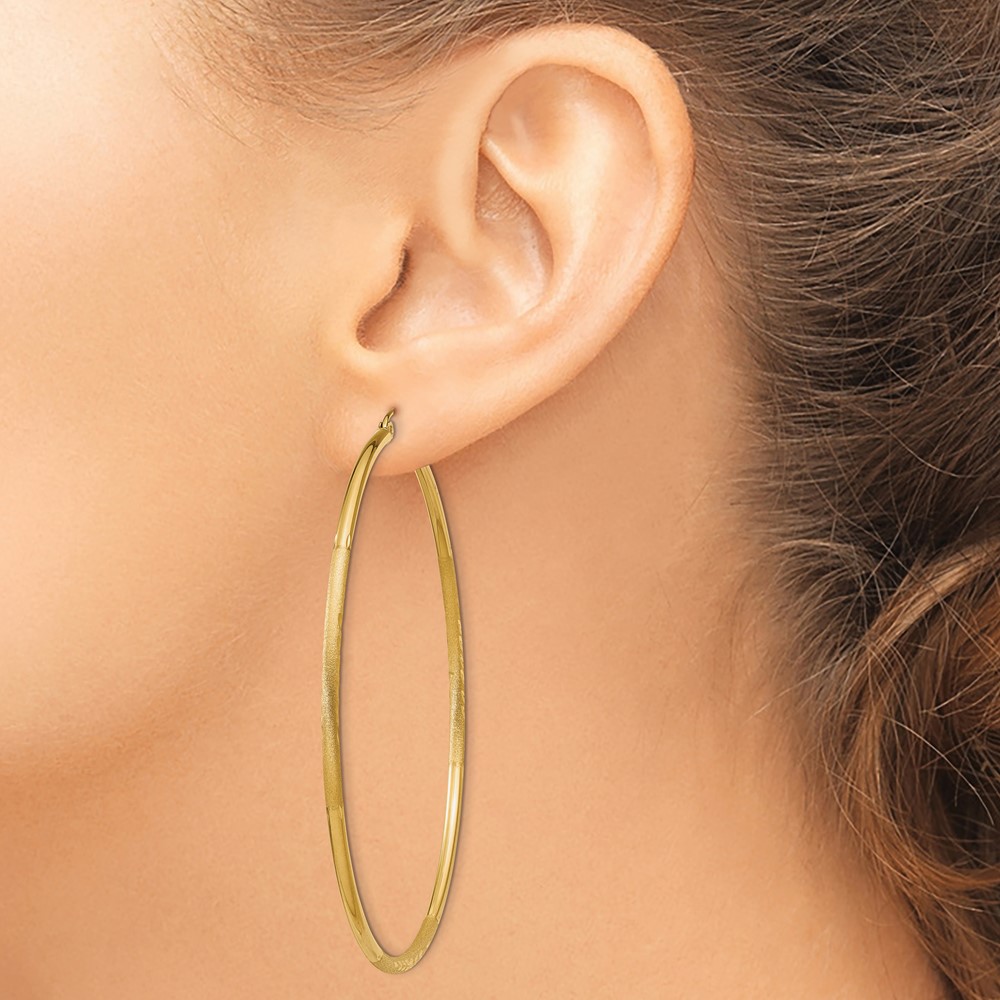 10k Satin and Diamond-cut 2mm Round Tube Hoop Earrings (10TC218)