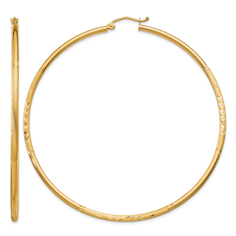 10k Satin and Diamond-cut 2mm Round Tube Hoop Earrings (10TC218)