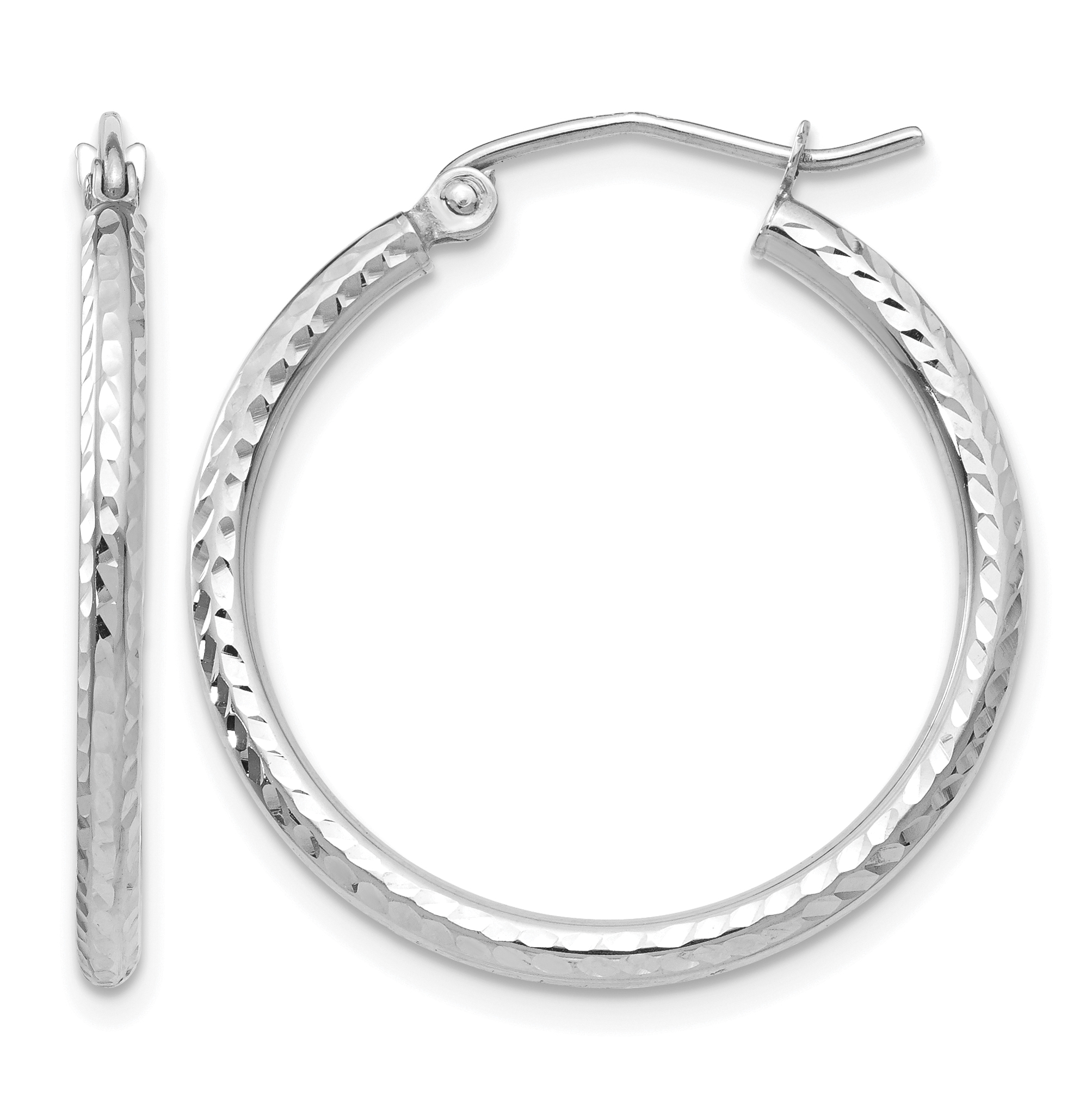10k White Gold Diamond-cut 2mm Round Tube Hoop Earrings (10TC221)