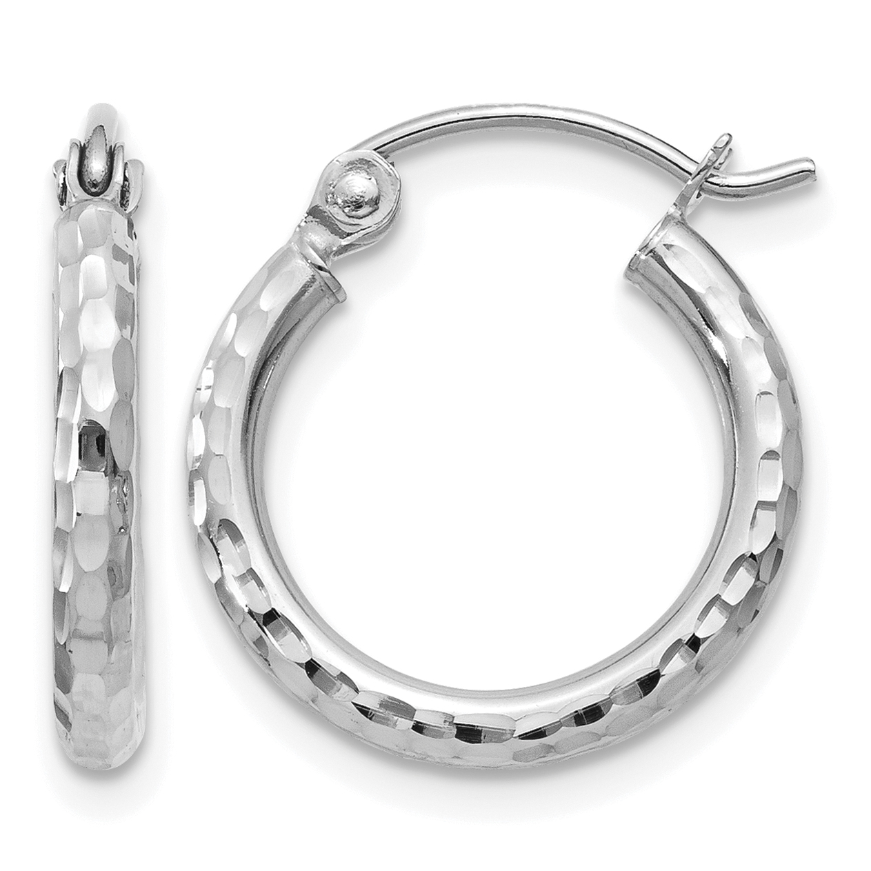 10k White Gold Diamond-cut 2mm Round Tube Hoop Earrings (10TC223)