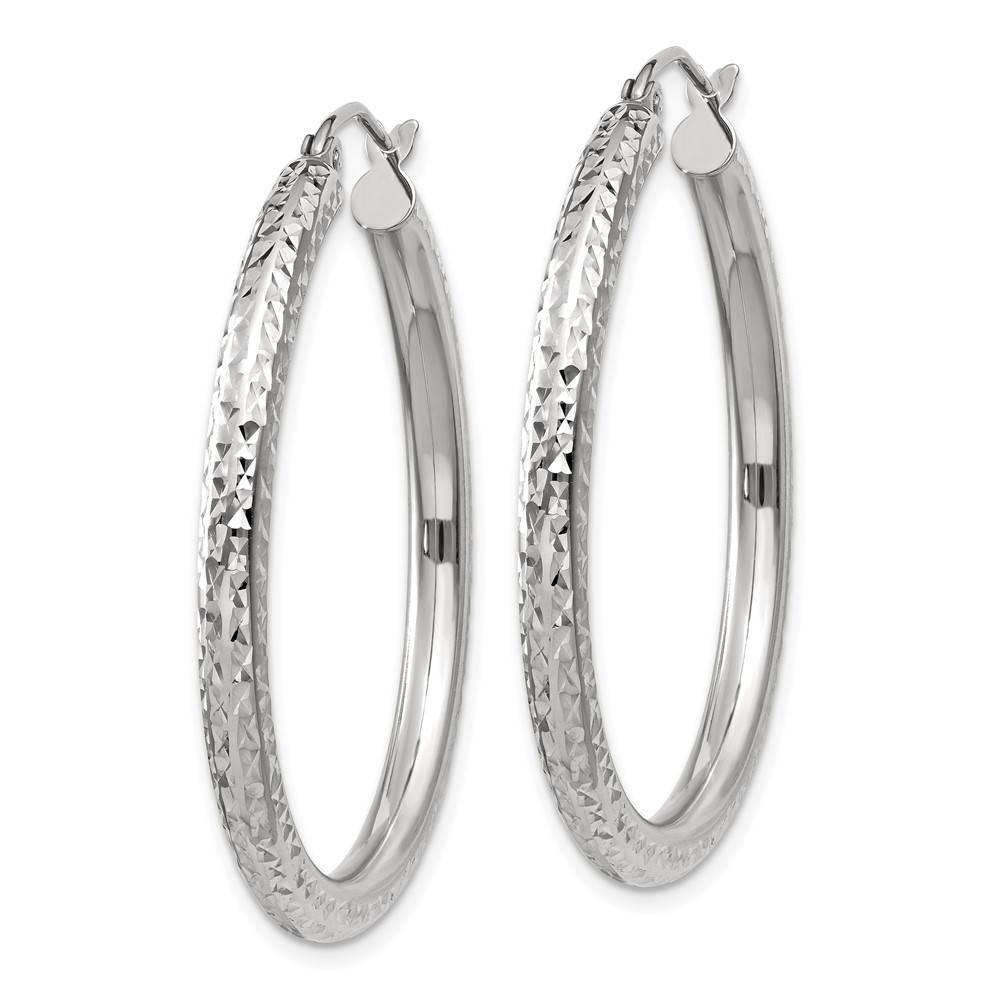 10k White Gold Diamond-cut 3mm Round Hoop Earrings (10TC251)