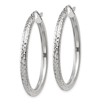 10K White Gold Diamond-cut 3mm Round Hoop Earrings view 2