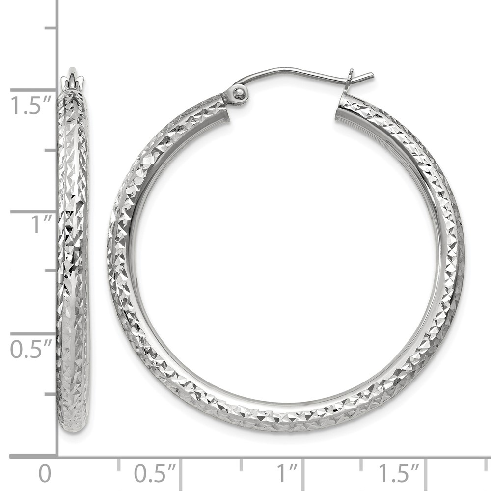 10k White Gold Diamond-cut 3mm Round Hoop Earrings (10TC251)