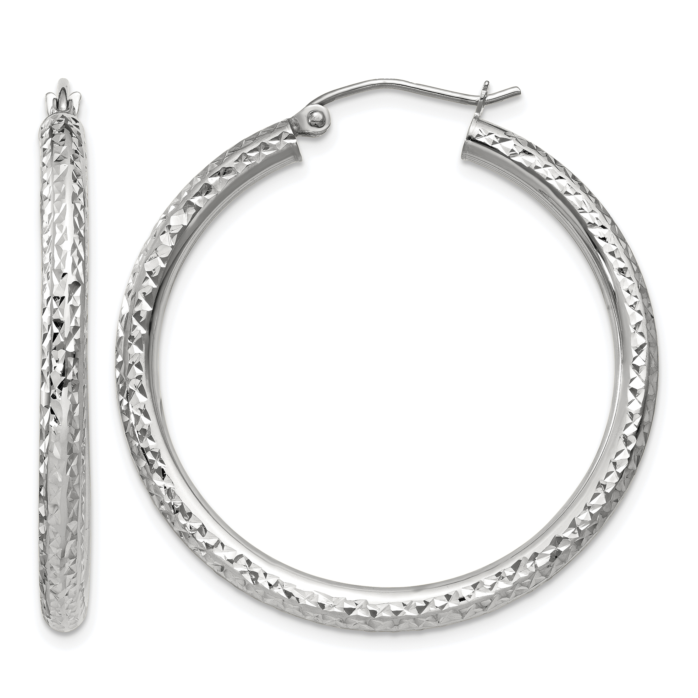 10k White Gold Diamond-cut 3mm Round Hoop Earrings (10TC251)