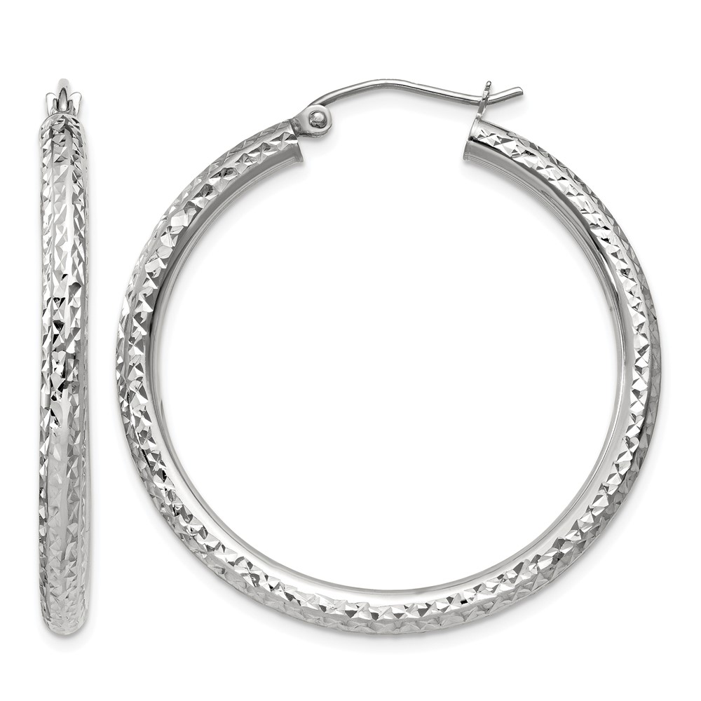 10k White Gold Diamond-cut 3mm Round Hoop Earrings (10TC251)