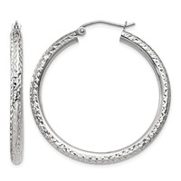 10K White Gold Diamond-cut 3mm Round Hoop Earrings view 1