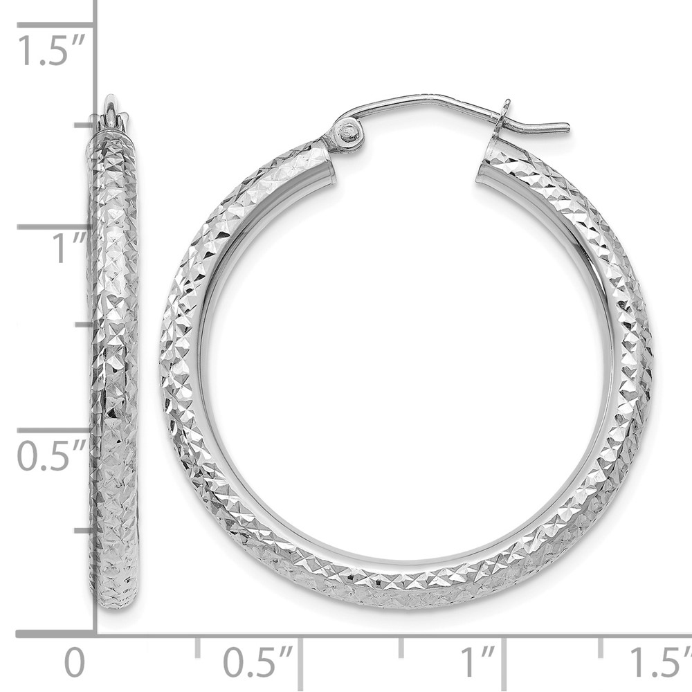 10k White Gold Diamond-cut 3mm Round Hoop Earrings (10TC252)