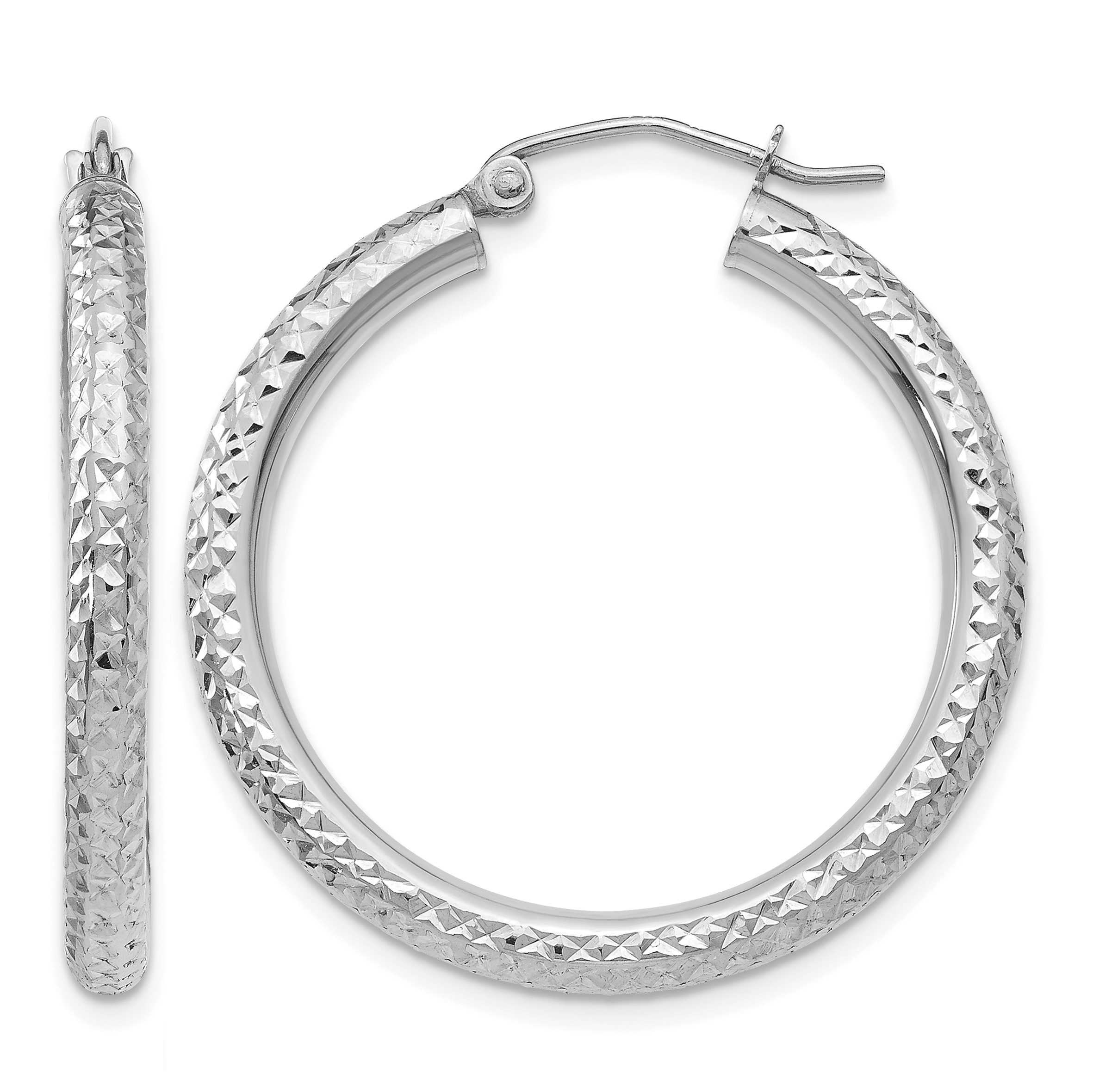 10k White Gold Diamond-cut 3mm Round Hoop Earrings (10TC252)
