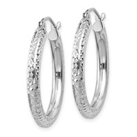 10K White Gold Diamond-cut 3mm Round Hoop Earrings view 2