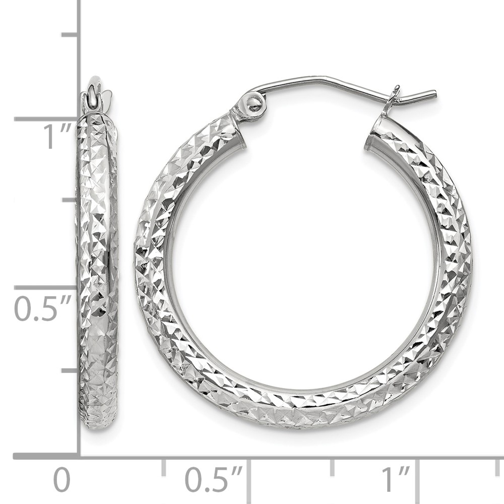 10k White Gold Diamond-cut 3mm Round Hoop Earrings (10TC253)