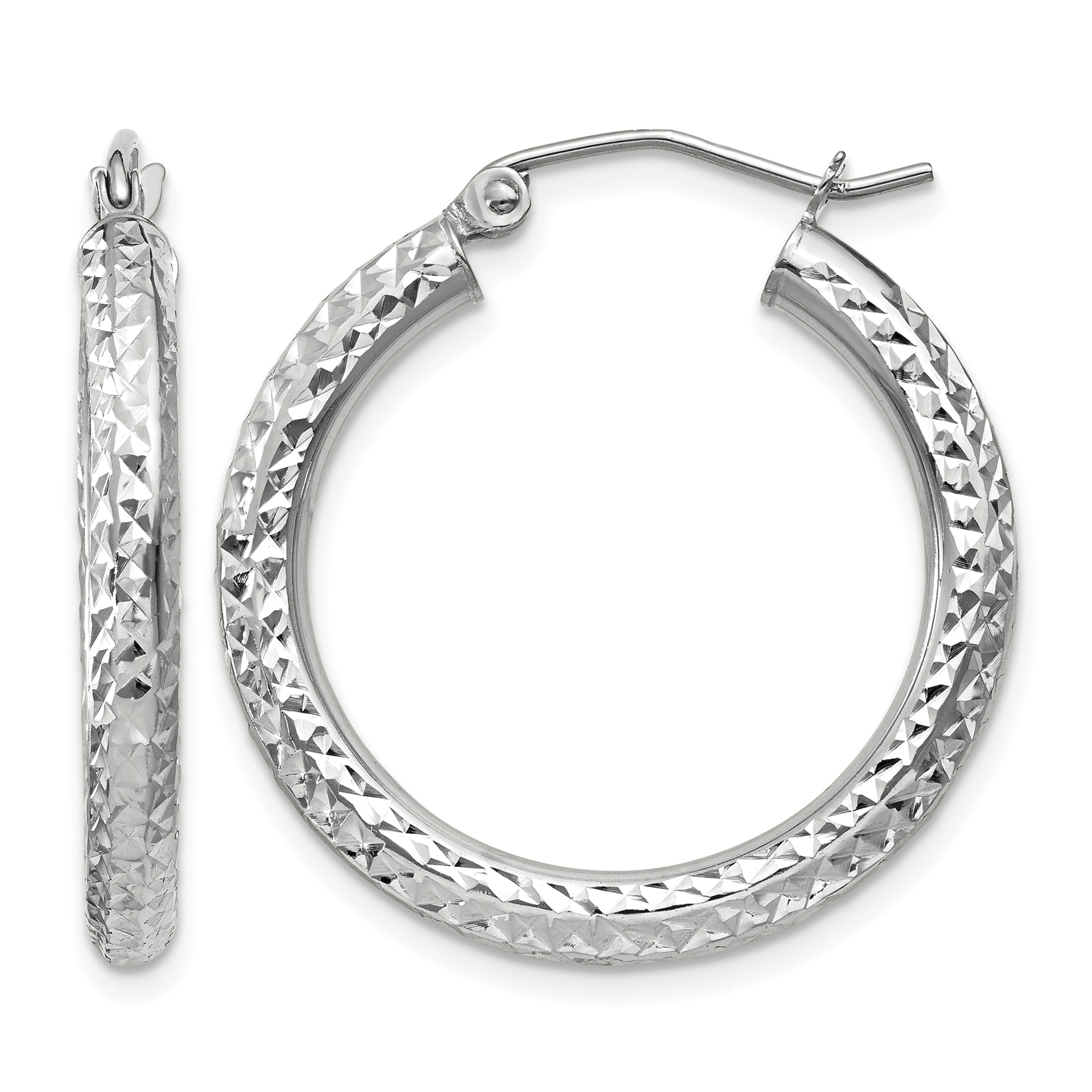 10k White Gold Diamond-cut 3mm Round Hoop Earrings (10TC253)
