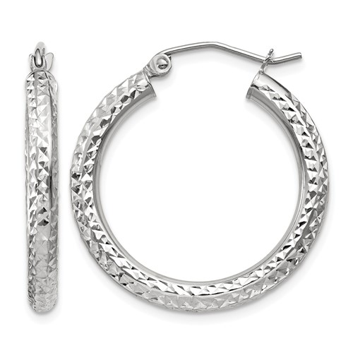 10K White Gold Diamond-cut 3mm Round Hoop Earrings