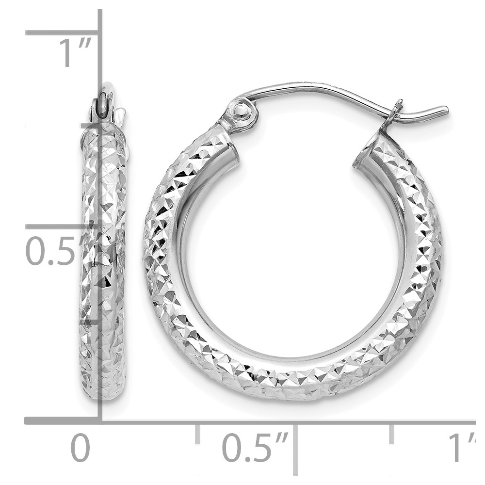 10k White Gold Diamond-cut 3mm Round Hoop Earrings (10TC254)