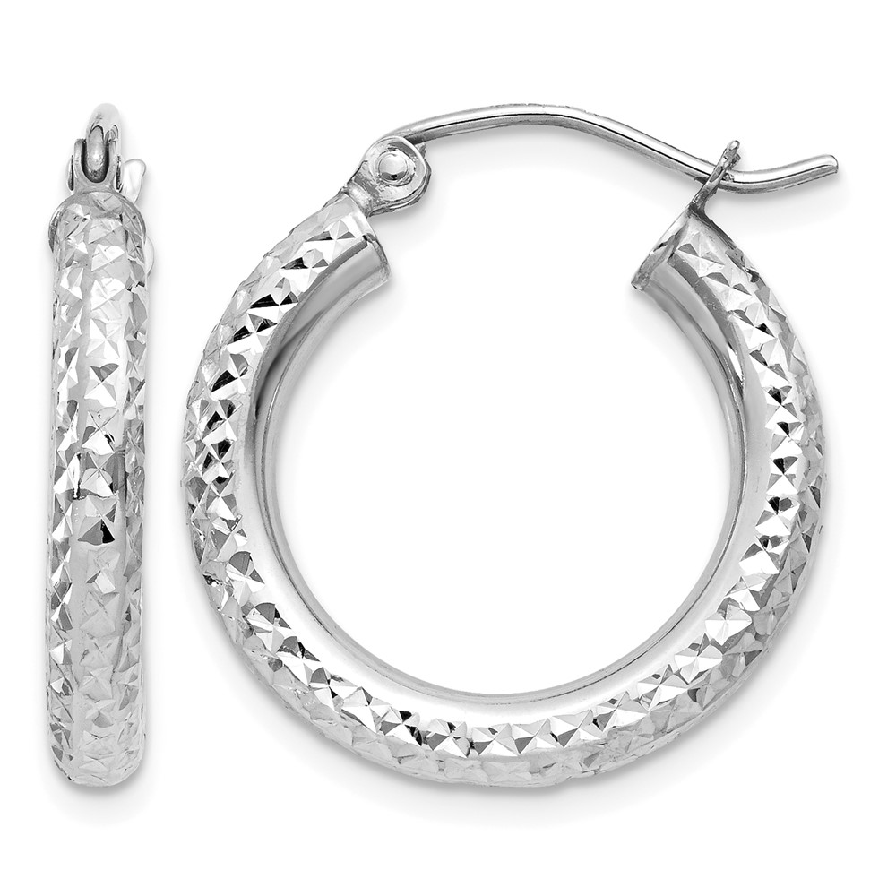 10k White Gold Diamond-cut 3mm Round Hoop Earrings (10TC254)