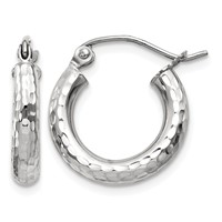 10K White Gold Diamond-cut 3mm Round Hoop Earrings view 1