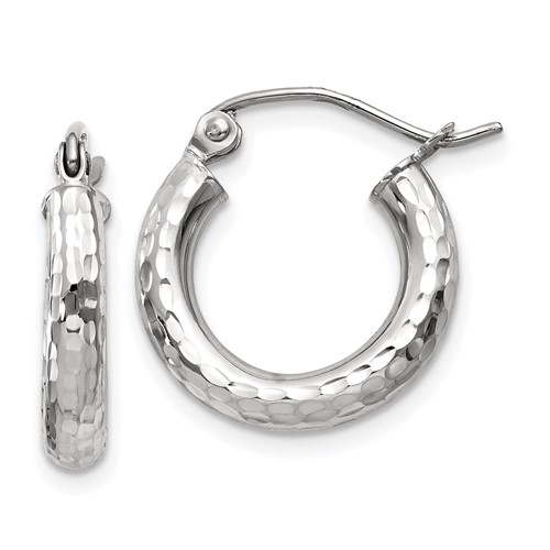 10k White Gold Diamond-cut 3mm Round Hoop Earrings