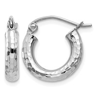 10K White Gold Diamond-cut 3mm Round Hoop Earrings view 1