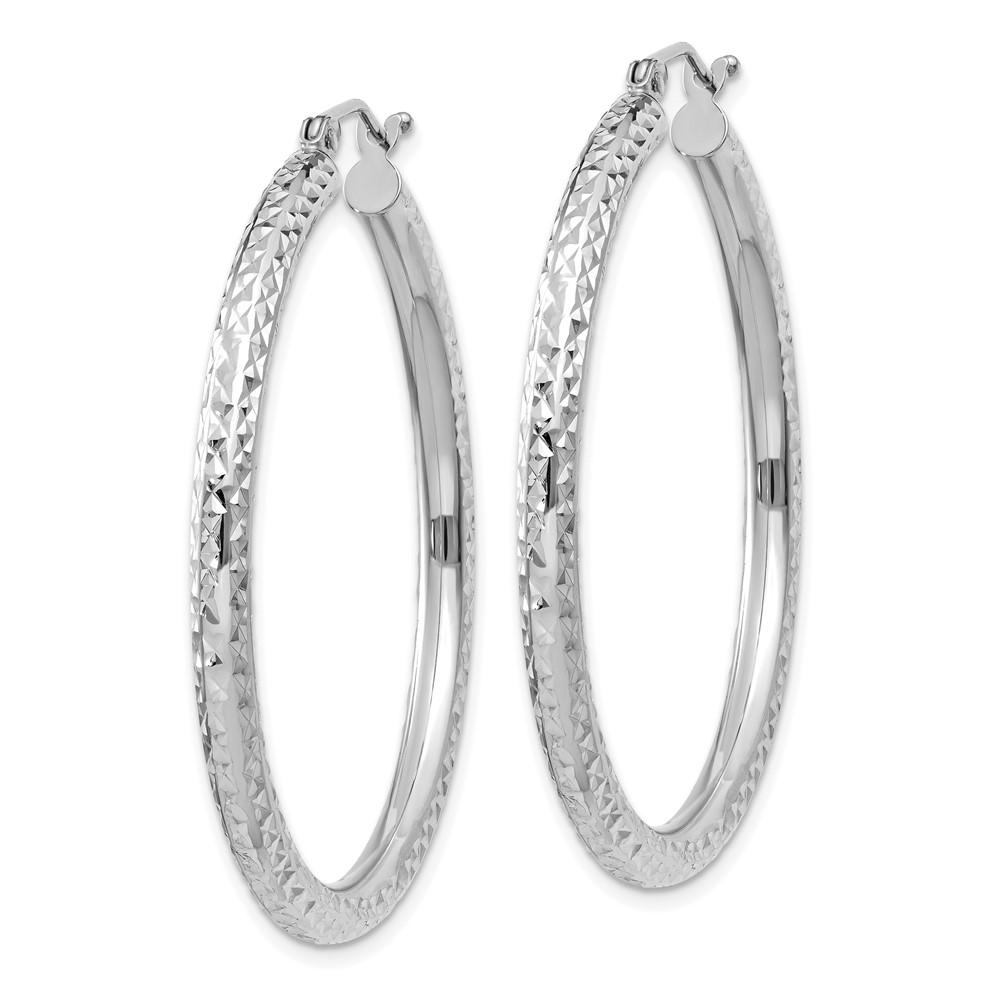 10k White Gold Diamond-cut 3mm Round Hoop Earrings (10TC257)