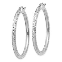 10K White Gold Diamond-cut 3mm Round Hoop Earrings view 2