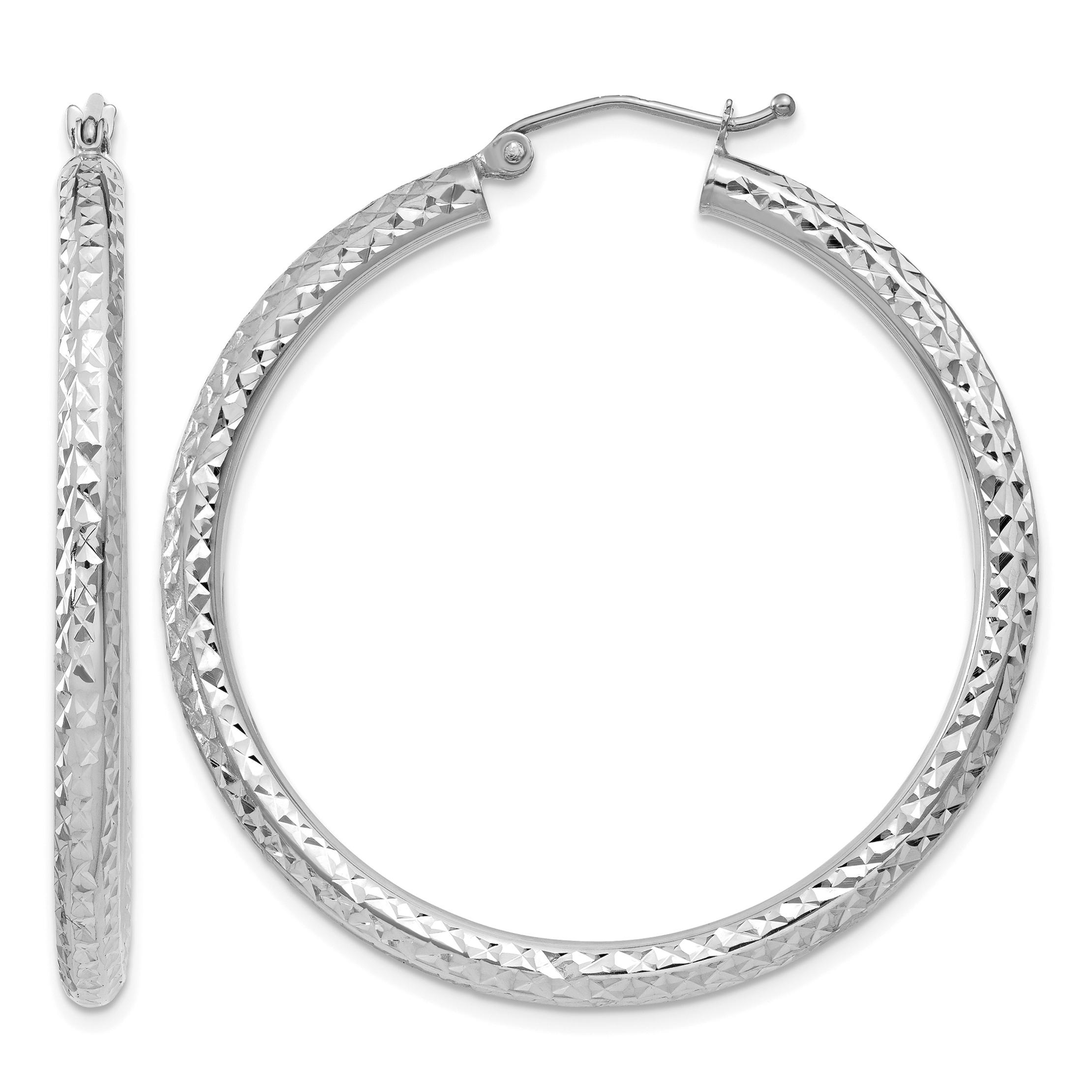 10k White Gold Diamond-cut 3mm Round Hoop Earrings (10TC257)