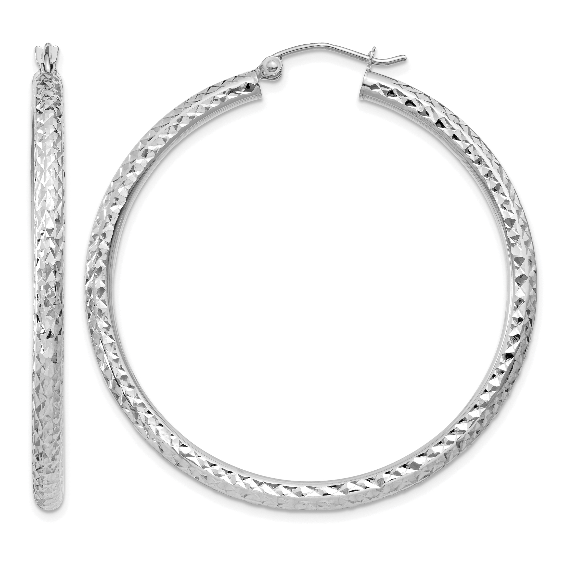 10k White Gold Diamond-cut 3mm Round Hoop Earrings (10TC258)