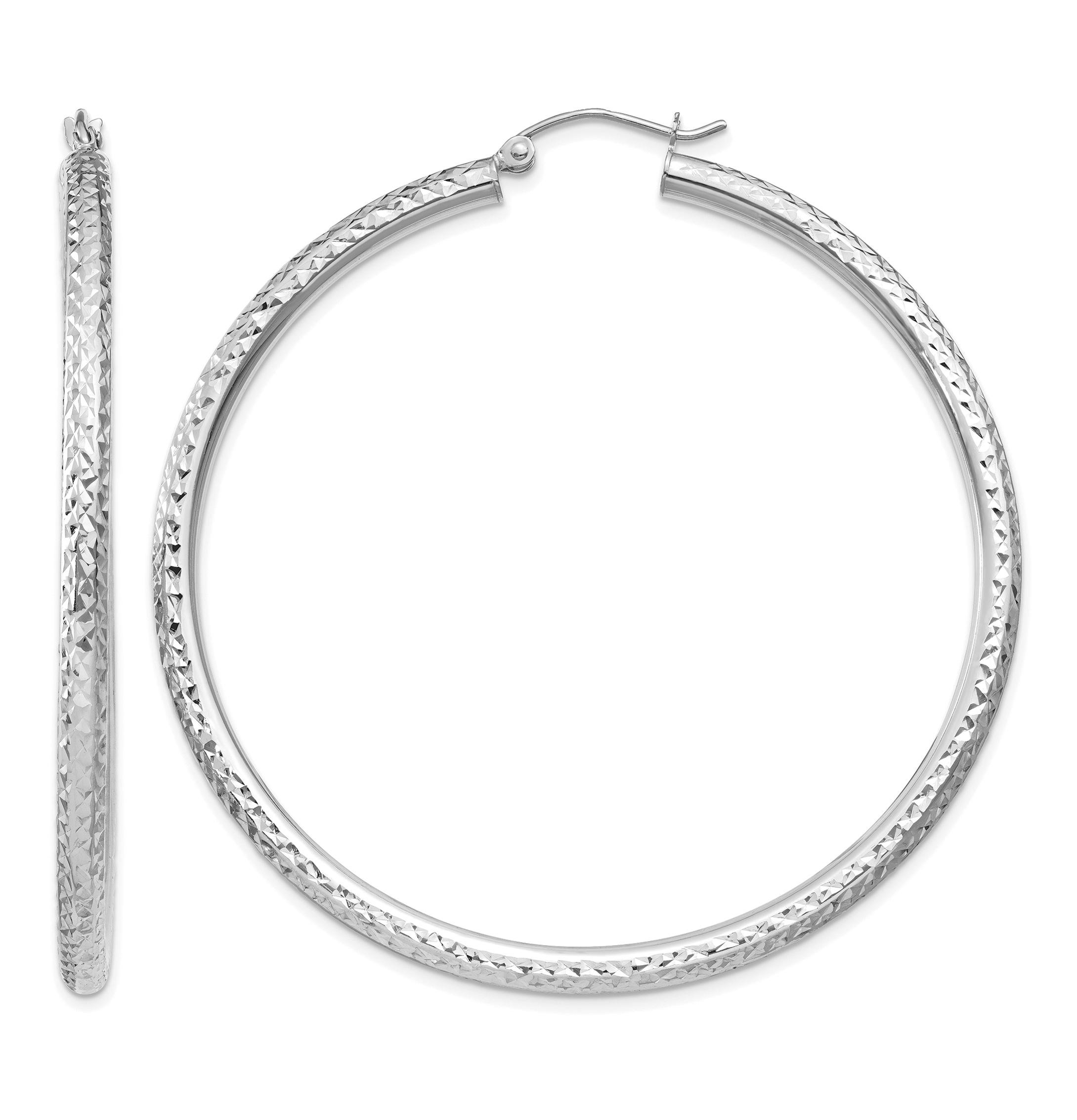 10k White Gold Diamond-cut 3mm Round Hoop Earrings (10TC260)