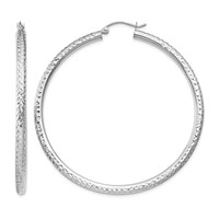 10K White Gold Diamond-cut 3mm Round Hoop Earrings view 1