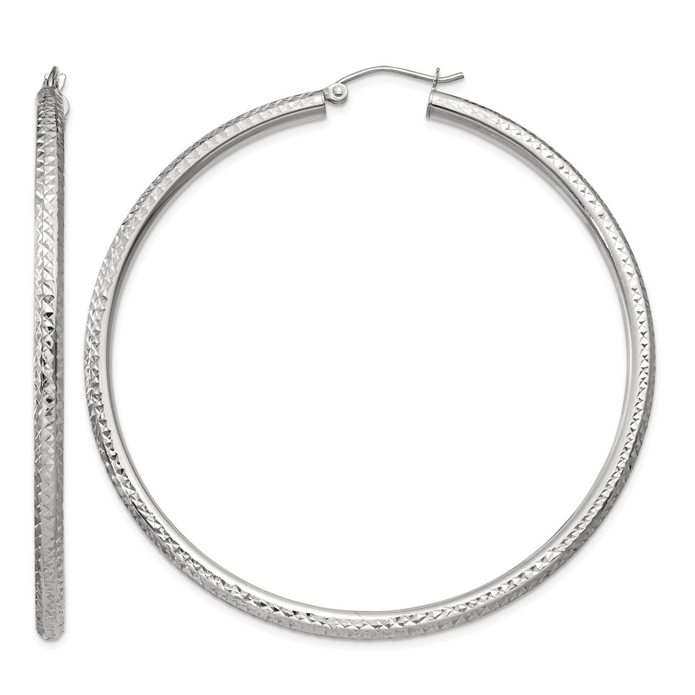 10k White Gold Diamond-cut 3mm Round Hoop Earrings (10TC261)