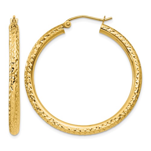 10K Yellow Gold Diamond-cut 3mm Round Hoop Earrings