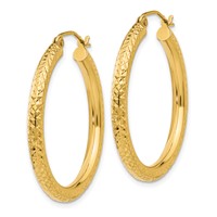 10K Yellow Gold Diamond-cut 3mm Round Hoop Earrings view 2
