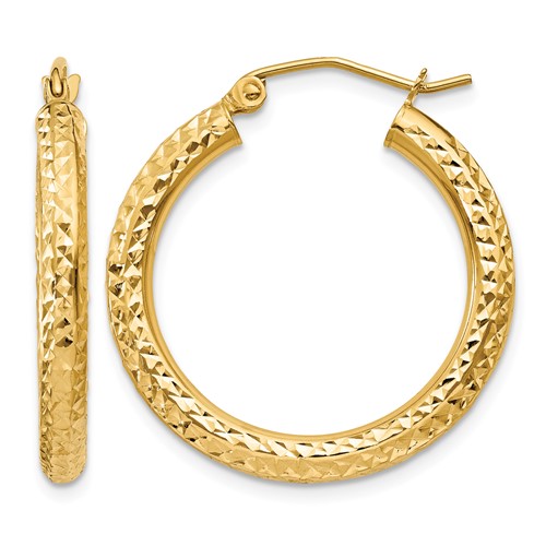 10K Yellow Gold Diamond-cut 3mm Round Hoop Earrings