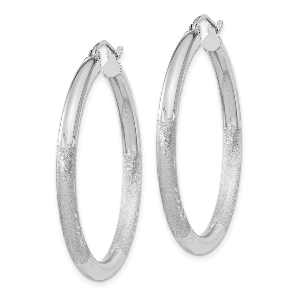 10k White Gold Satin & Diamond-cut 3mm Round Hoop Earrings (10TC275)