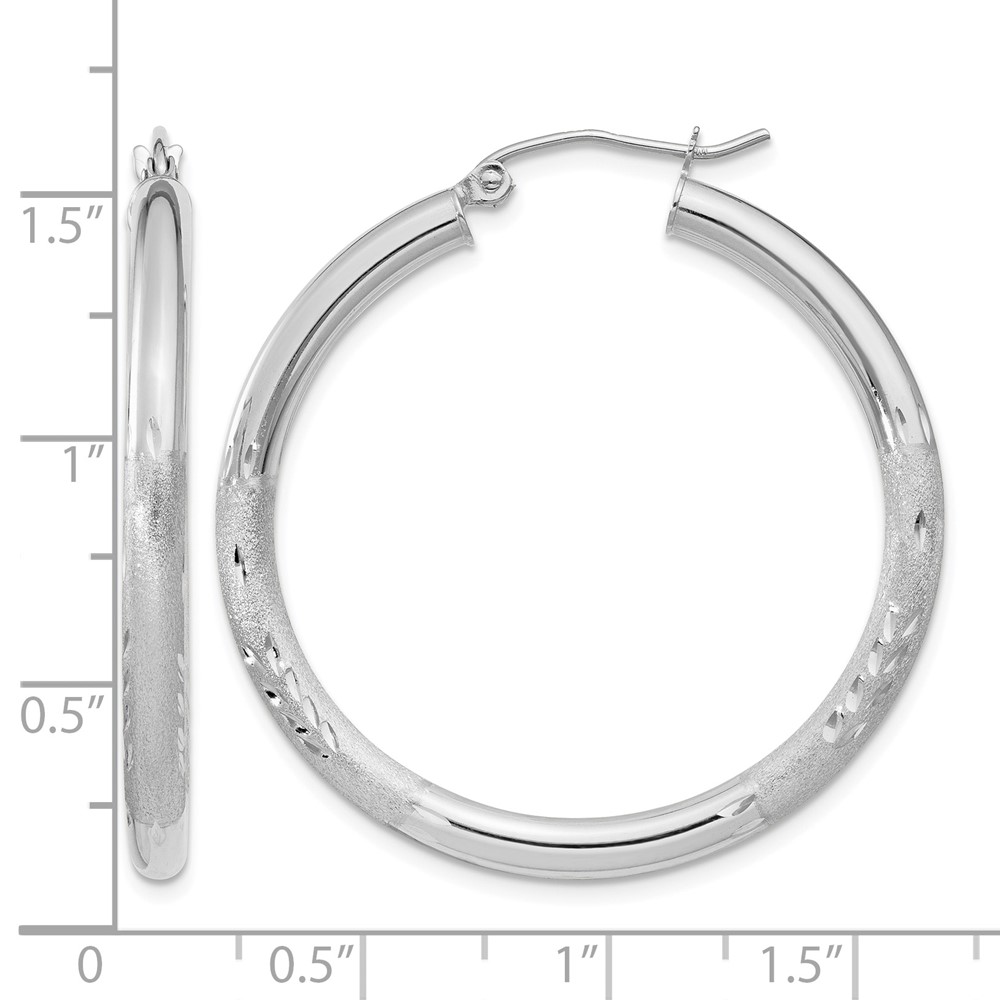 10k White Gold Satin & Diamond-cut 3mm Round Hoop Earrings (10TC275)