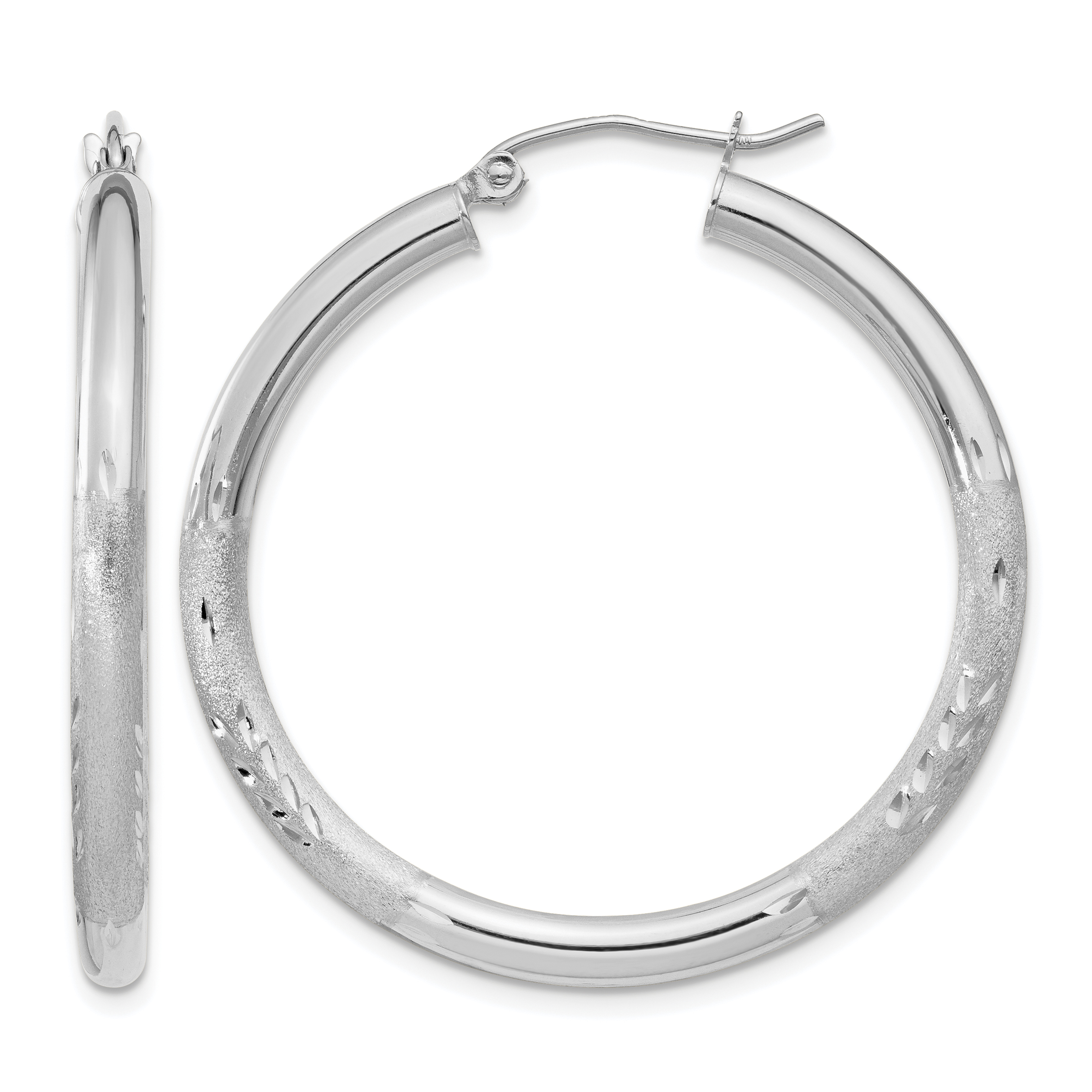 10k White Gold Satin & Diamond-cut 3mm Round Hoop Earrings (10TC275)