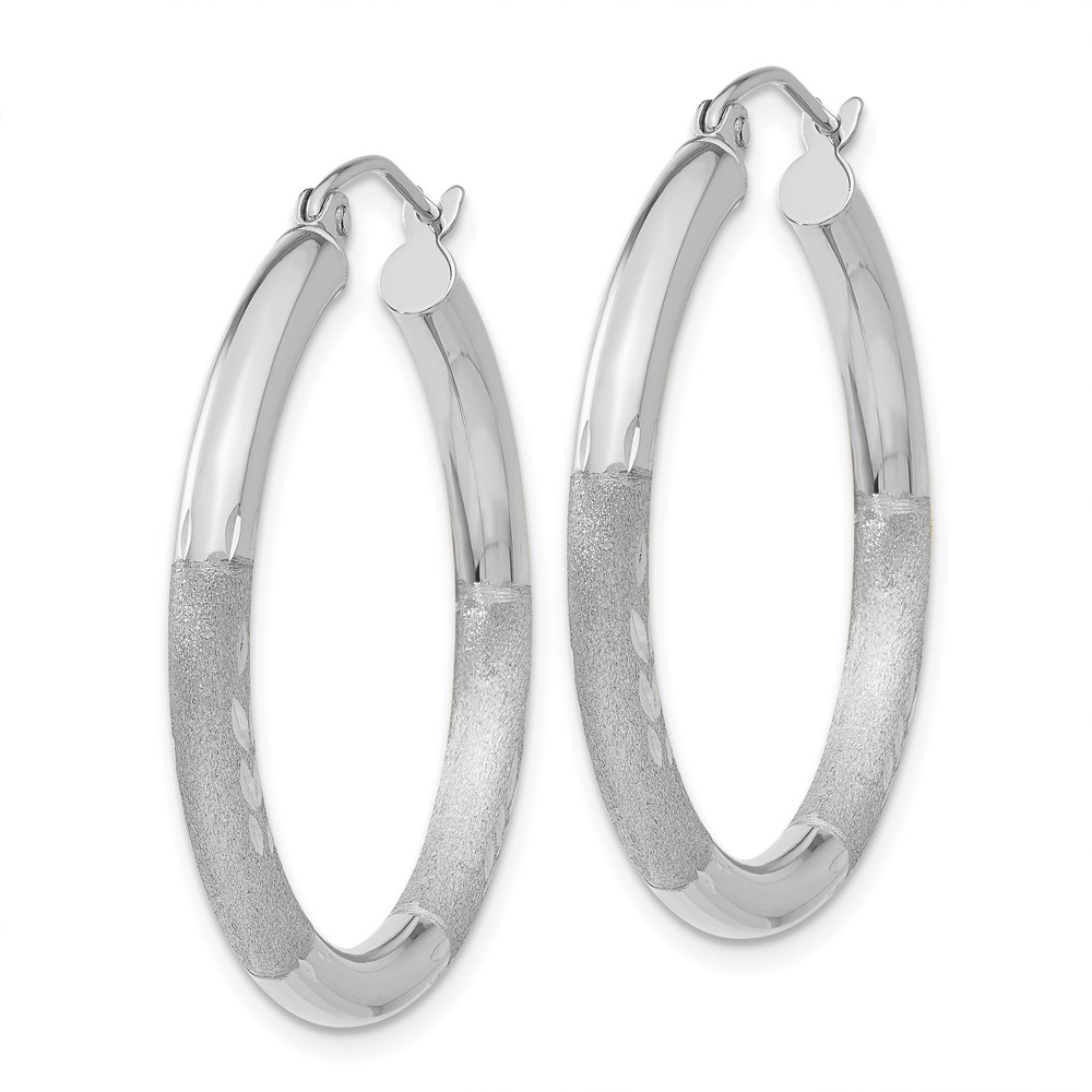 10k White Gold Satin & Diamond-cut 3mm Round Hoop Earrings (10TC276)