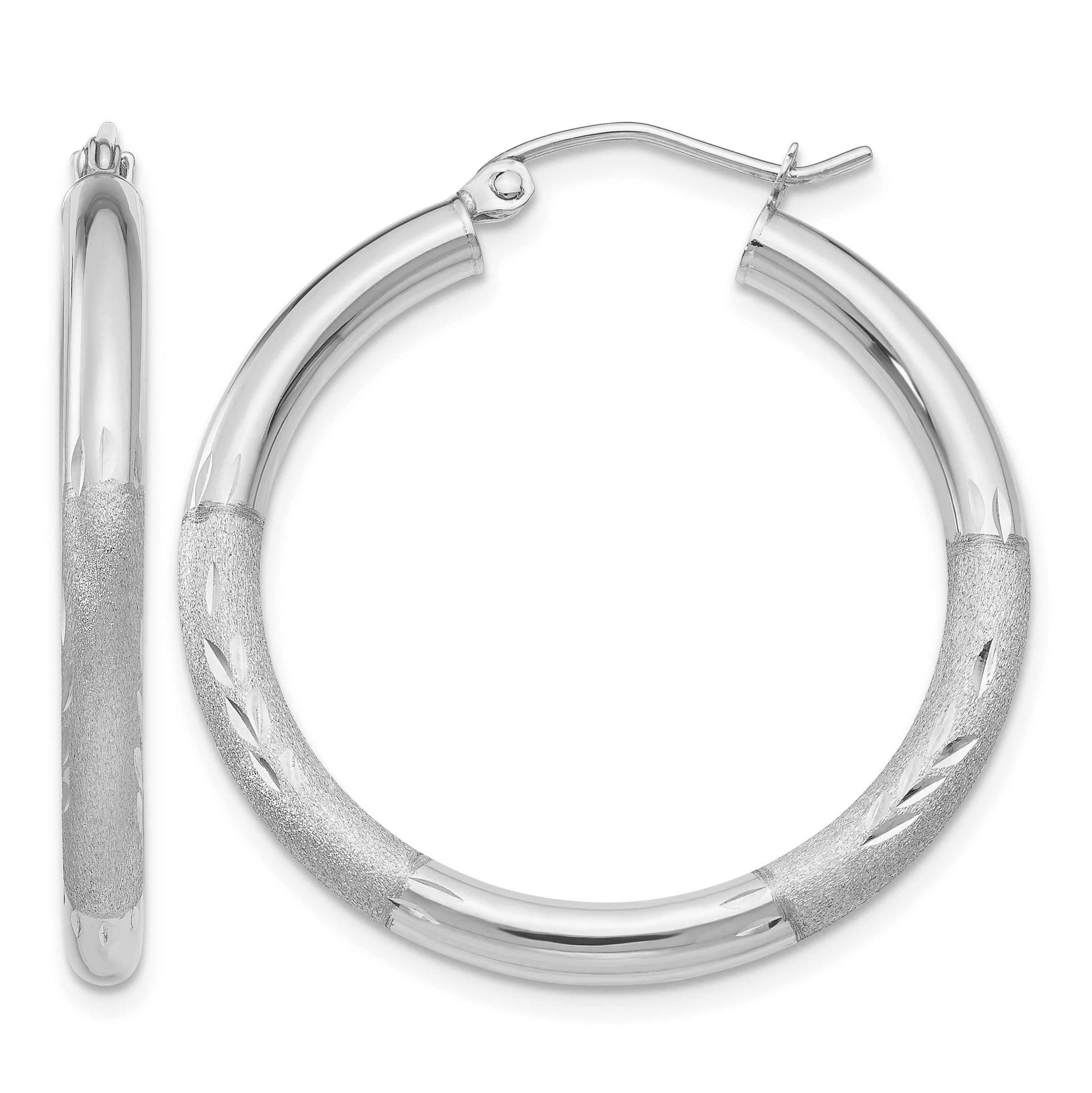 10k White Gold Satin & Diamond-cut 3mm Round Hoop Earrings (10TC276)