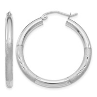 10K White Gold Satin & Diamond-cut 3mm Round Hoop Earrings view 1