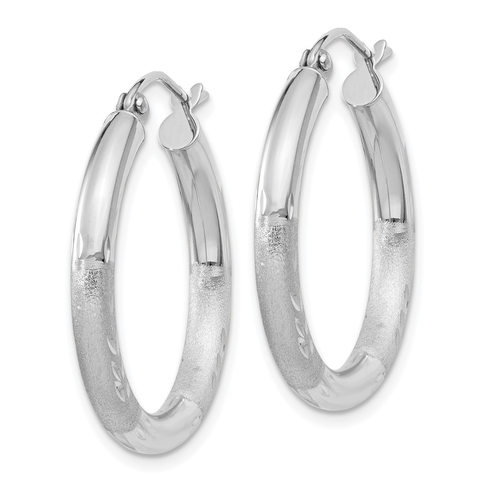 10k White Gold Satin & Diamond-cut 3mm Round Hoop Earrings (10TC277)