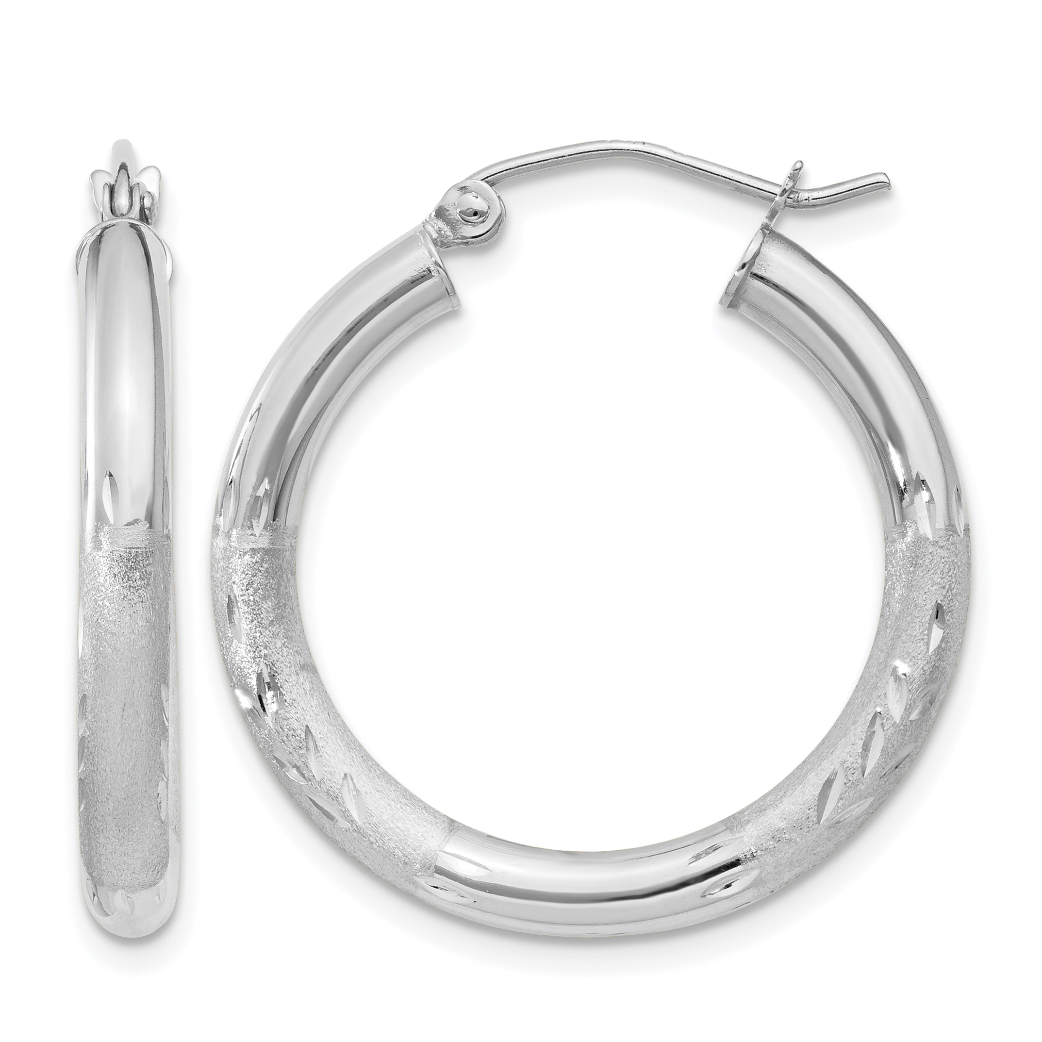 10k White Gold Satin & Diamond-cut 3mm Round Hoop Earrings (10TC277)